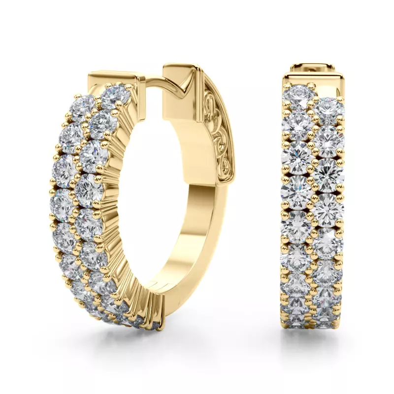 14K Yellow Gold Double Row Diamond Hoop Earrings